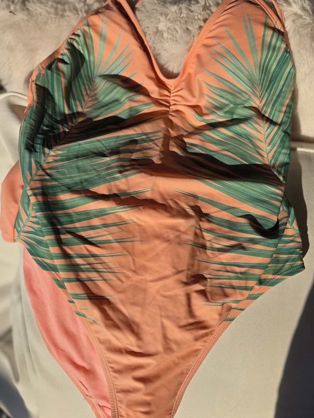 Womens One-Piece Swimsuit - Peach with Green Palm Print